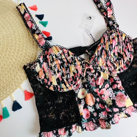 For Love And Lemons Gardenia Long Line Bra Black Multi Floral Large NEW - Picture 4 of 6